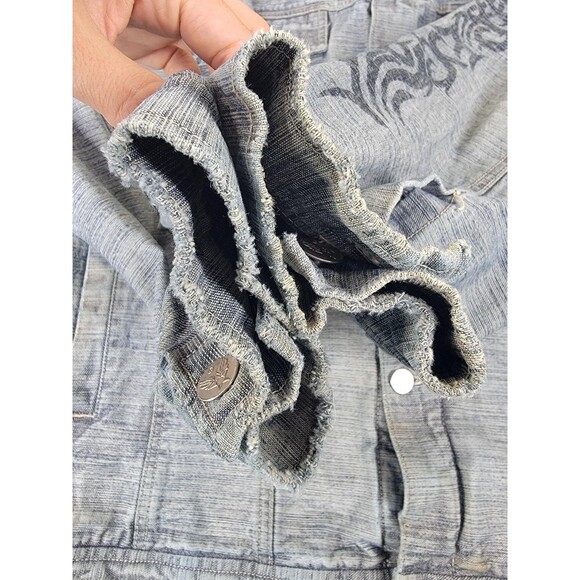 Avirex Denim Jacket Mens 2XL Blue Tribal Sleeve Graphic Button Up Distressed - Picture 8 of 15